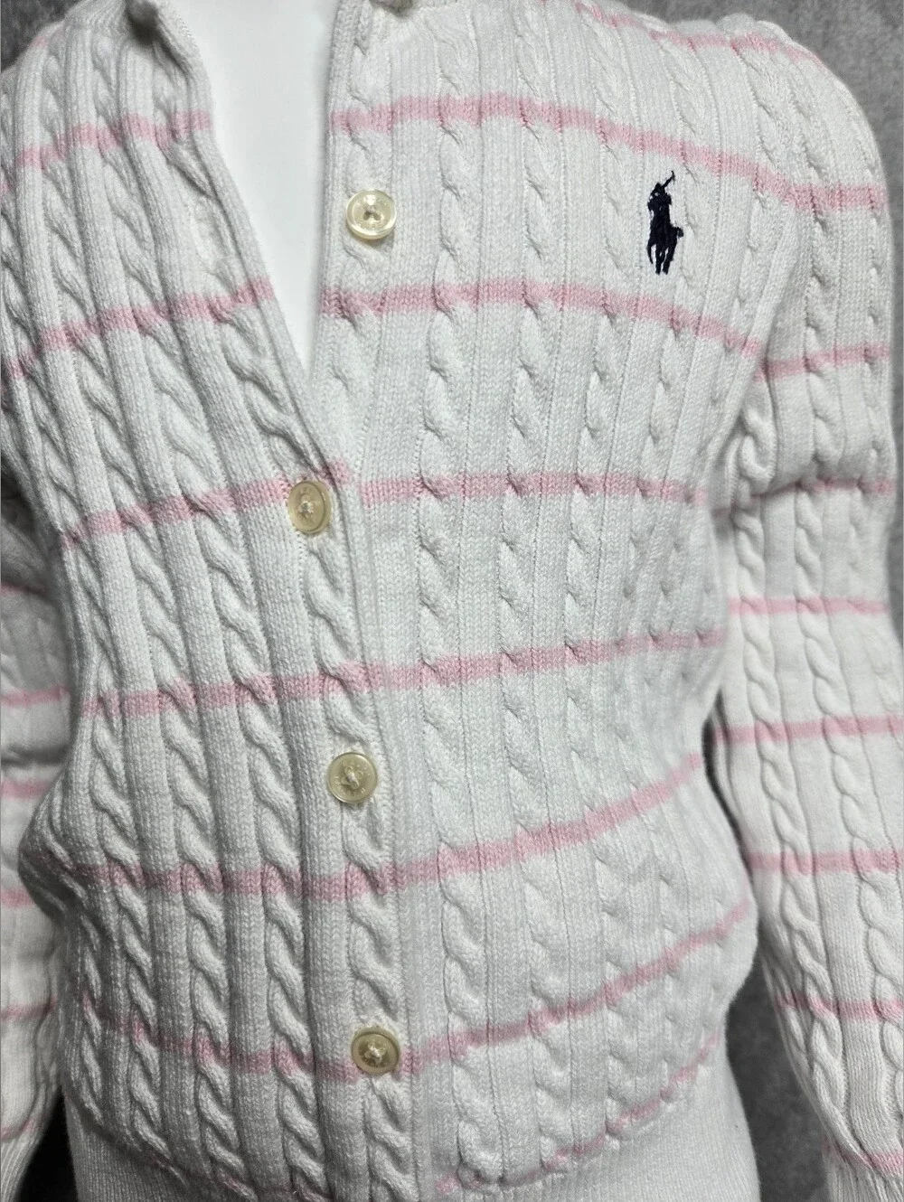 Ralph Lauren White Cable-Knit Cardigan with Light Pink Stripes